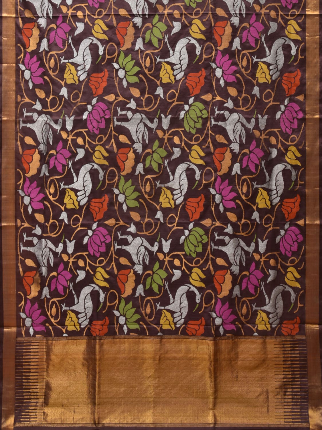 Brown Uppada Silk Handloom Saree with All Over Birds and Lotus Design - Global Threads | Grocsy