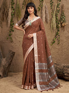 Anaita Brown Linen Cotton Zari Work Saree With Blouse | Grocsy