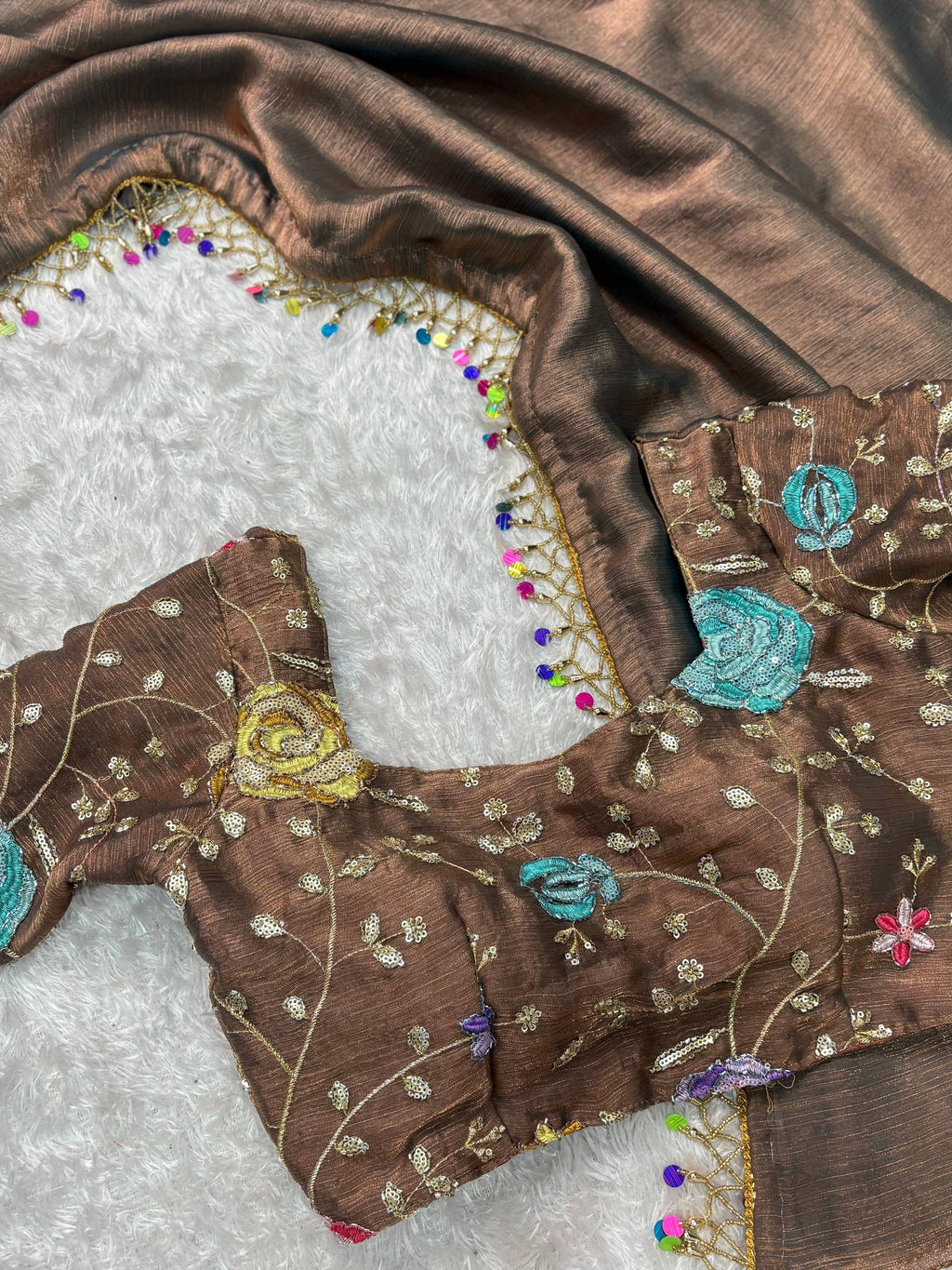 Evanik Soft Fandy Chiffon Beads Embroidered Work Party Wear Saree With Blouse | Grocsy