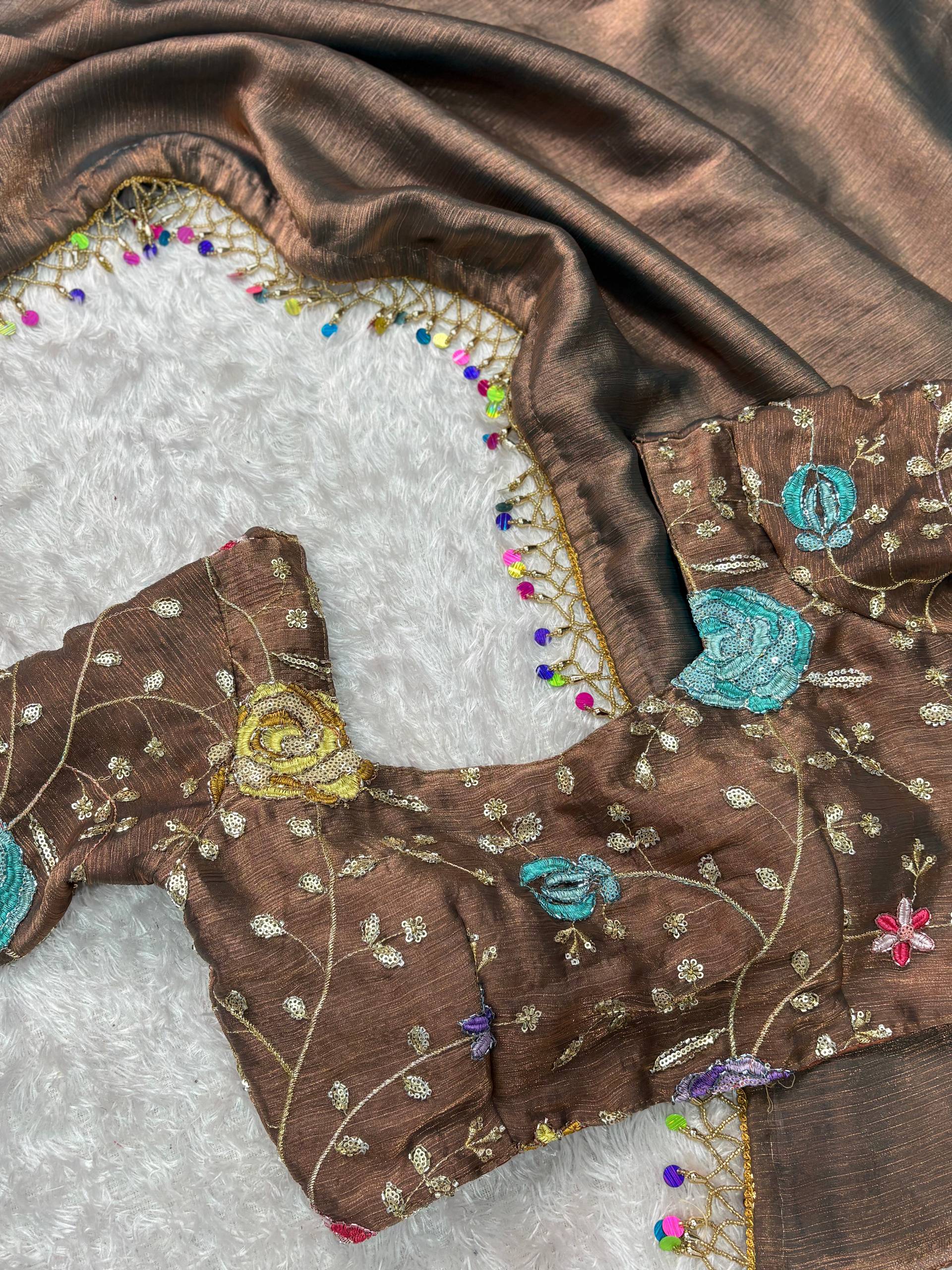 Evanik Soft Fandy Chiffon Beads Embroidered Work Party Wear Saree With Blouse | Grocsy