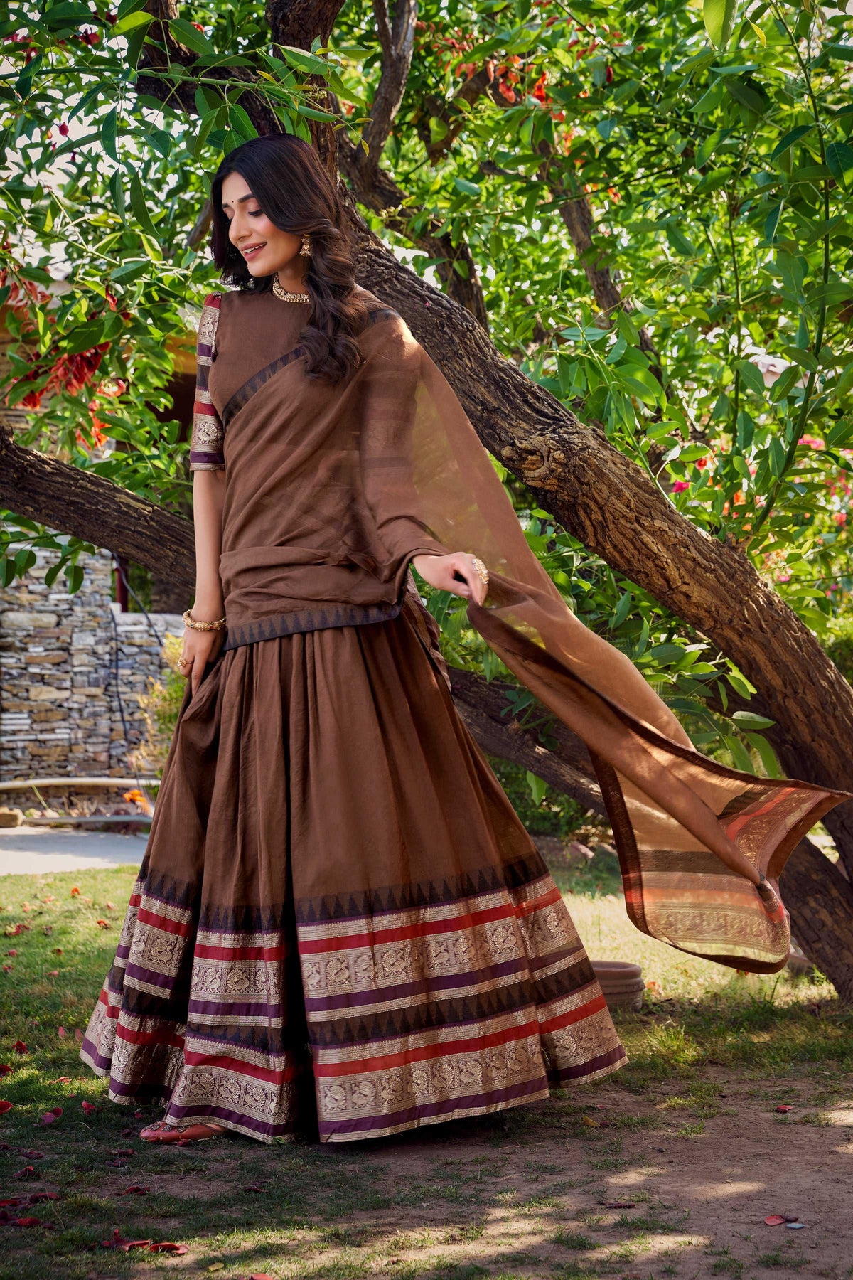 Evanik Women Pure Chanderi Plain With Zari Weaving Work Border Stitched Lehenga With Unstitched Blouse Dupatta(Up to 42) | Grocsy