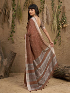 Anaita Brown Linen Cotton Zari Work Saree With Blouse | Grocsy