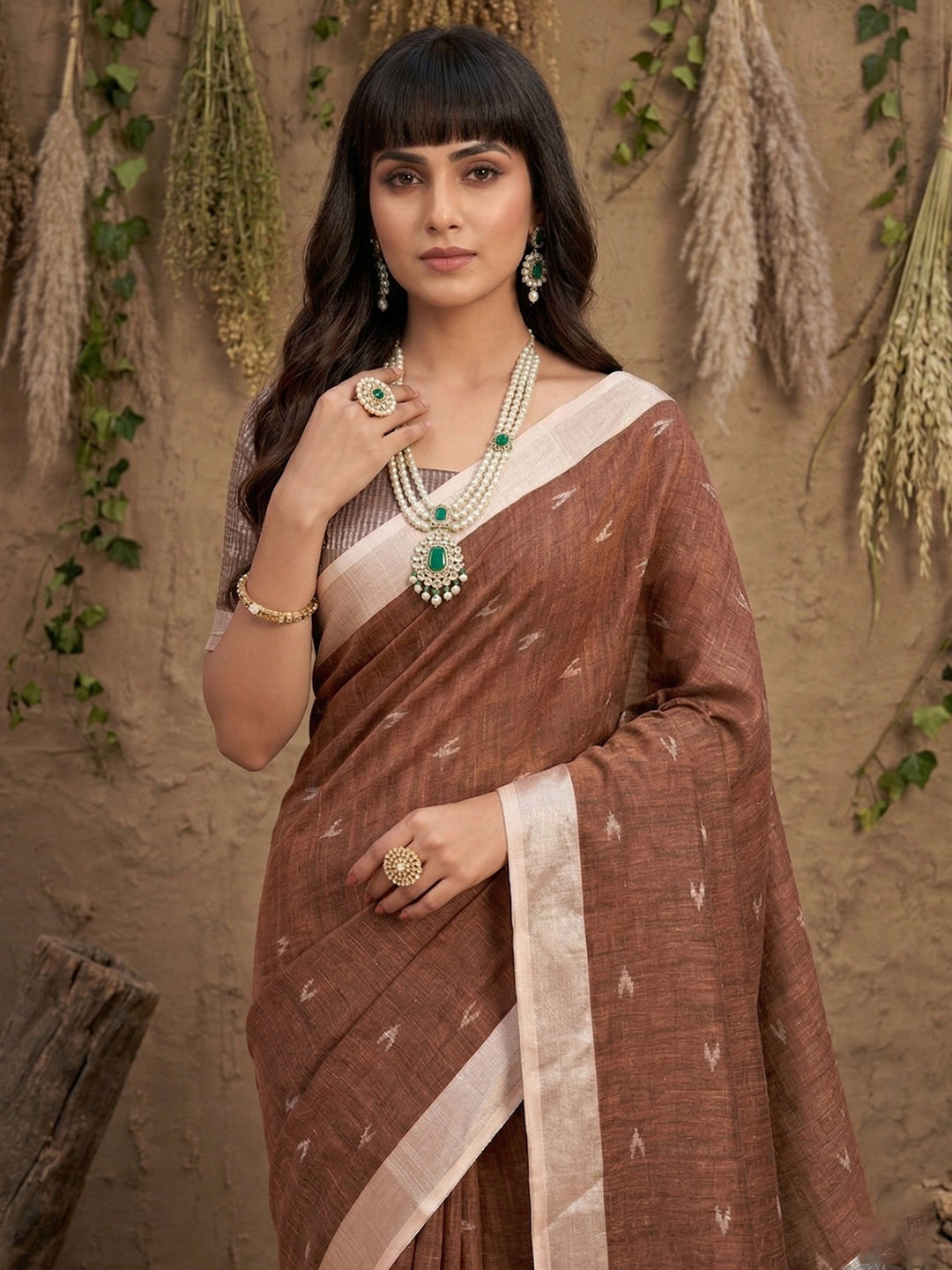 Anaita Brown Linen Cotton Zari Work Saree With Blouse | Grocsy
