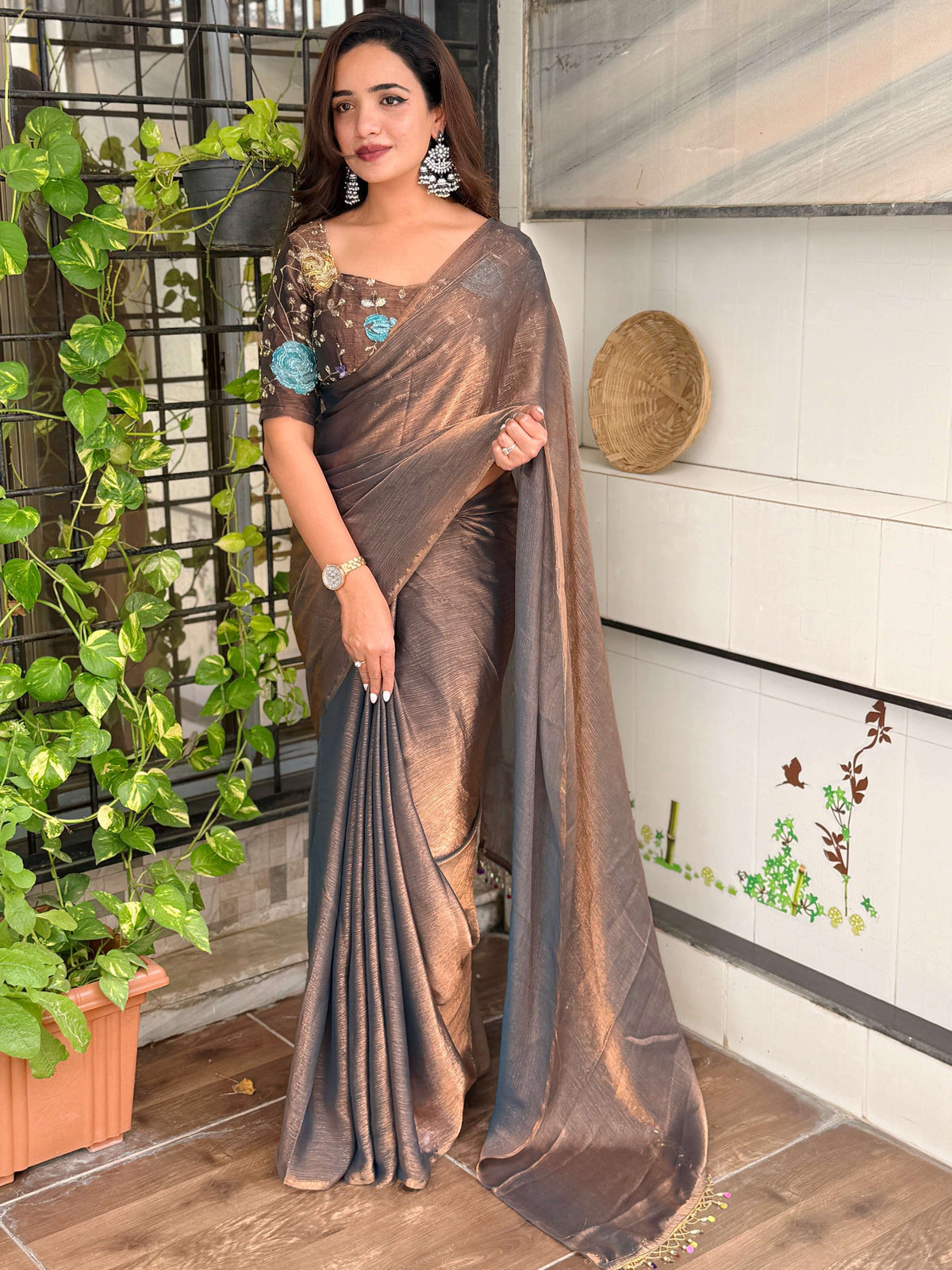 Evanik Soft Fandy Chiffon Beads Embroidered Work Party Wear Saree With Blouse | Grocsy