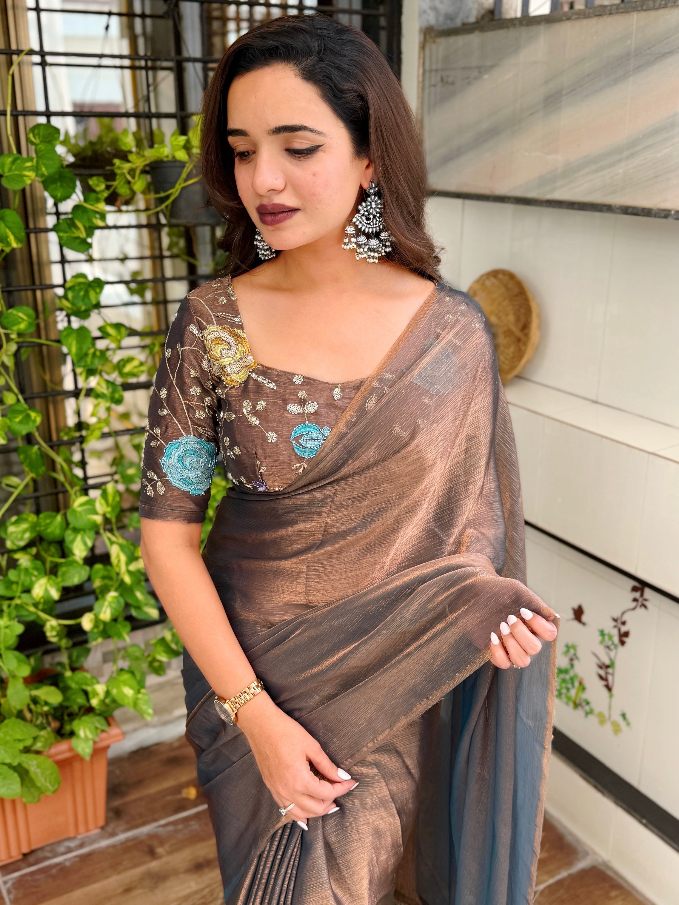 Evanik Soft Fandy Chiffon Beads Embroidered Work Party Wear Saree With Blouse | Grocsy