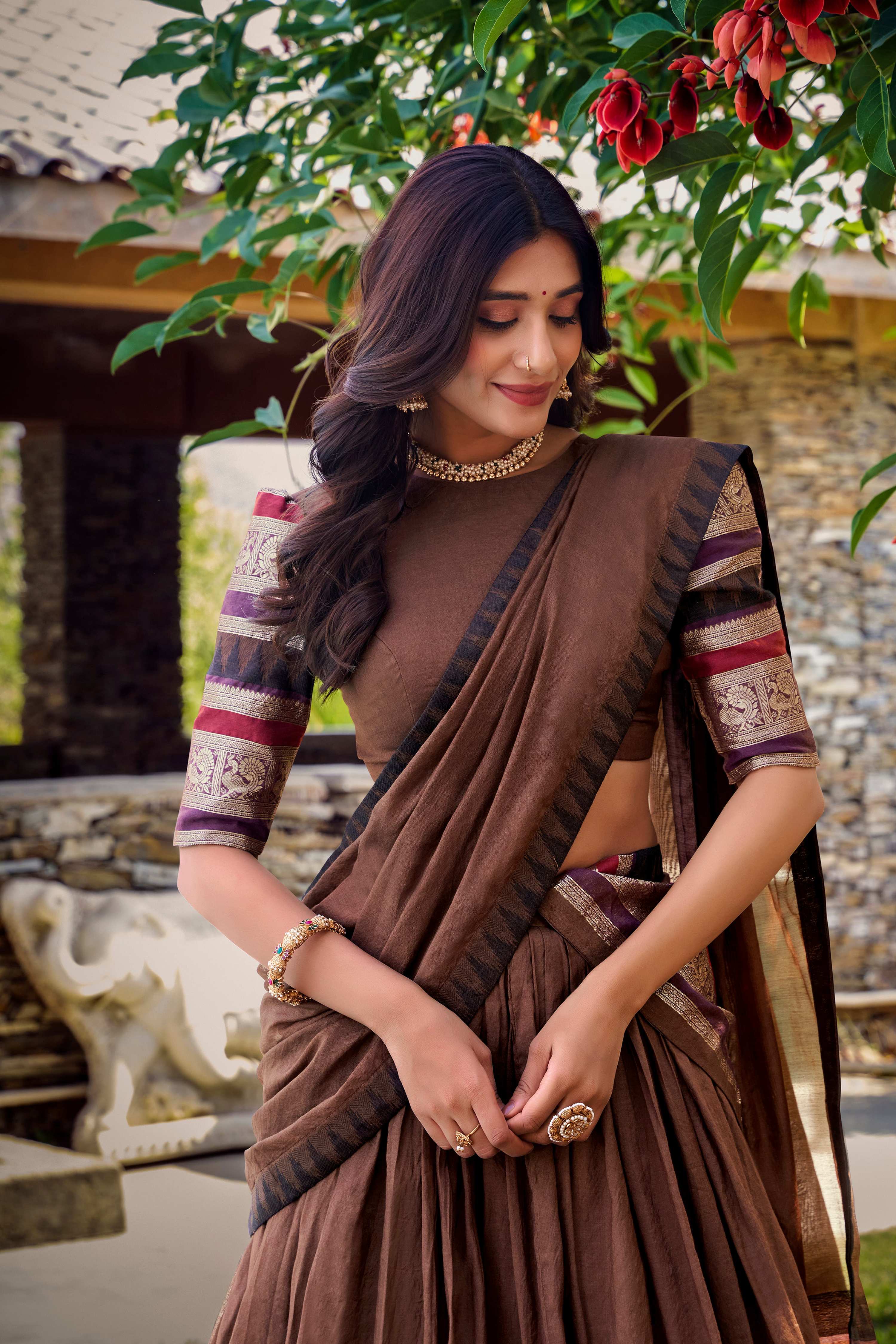 Evanik Women Pure Chanderi Plain With Zari Weaving Work Border Stitched Lehenga With Unstitched Blouse Dupatta(Up to 42) | Grocsy