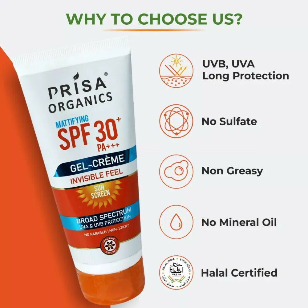 Prisa Organics Mattifying Sun Screen SPF 30 PA+++ Invisible Feel Gel Cream | Grocsy