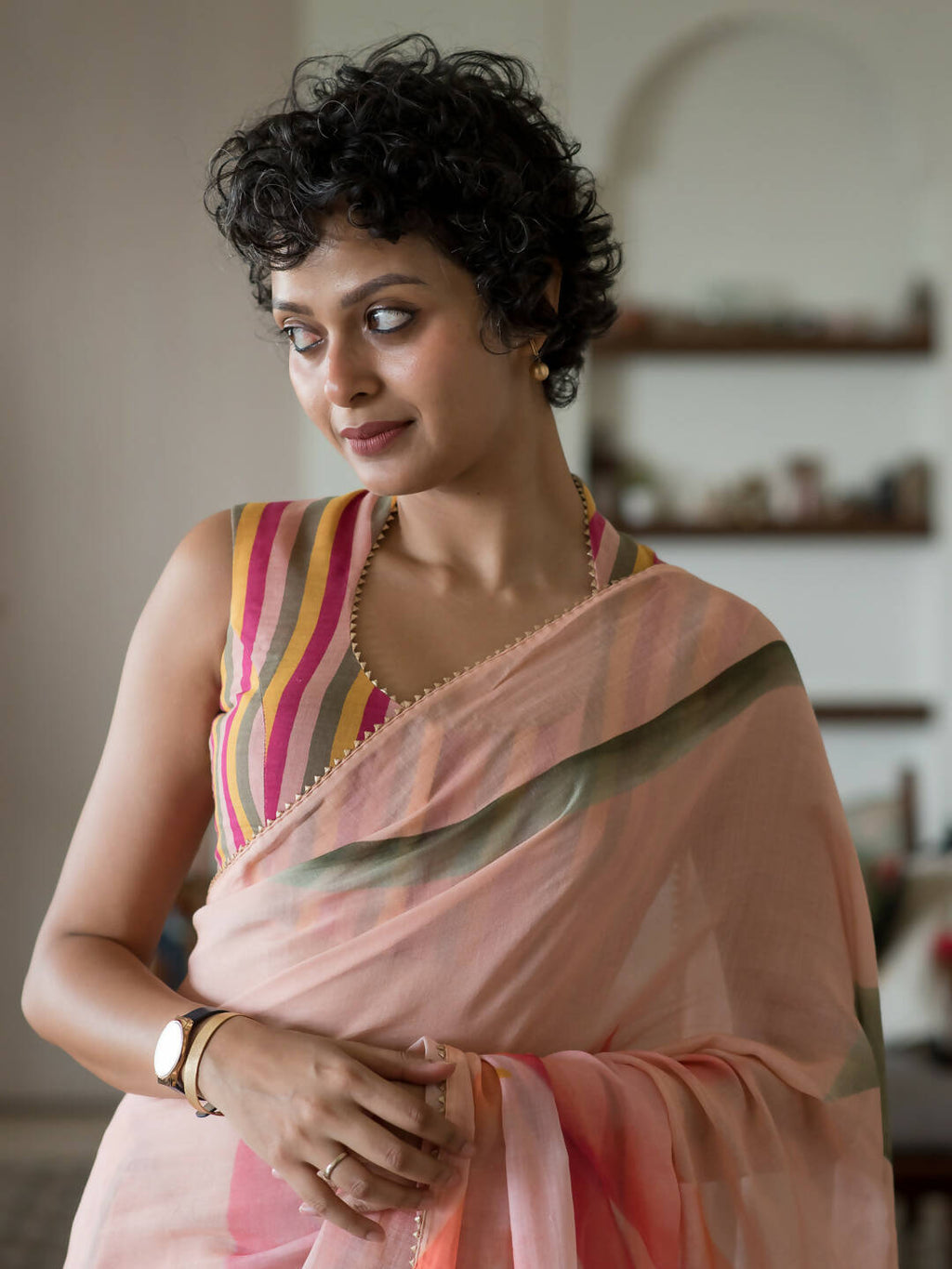 Suta Peach Floral Pure Cotton Saree | Grocsy