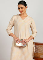 Aavyora Women's Beige Woven Striped V-Neck Kurta | Grocsy