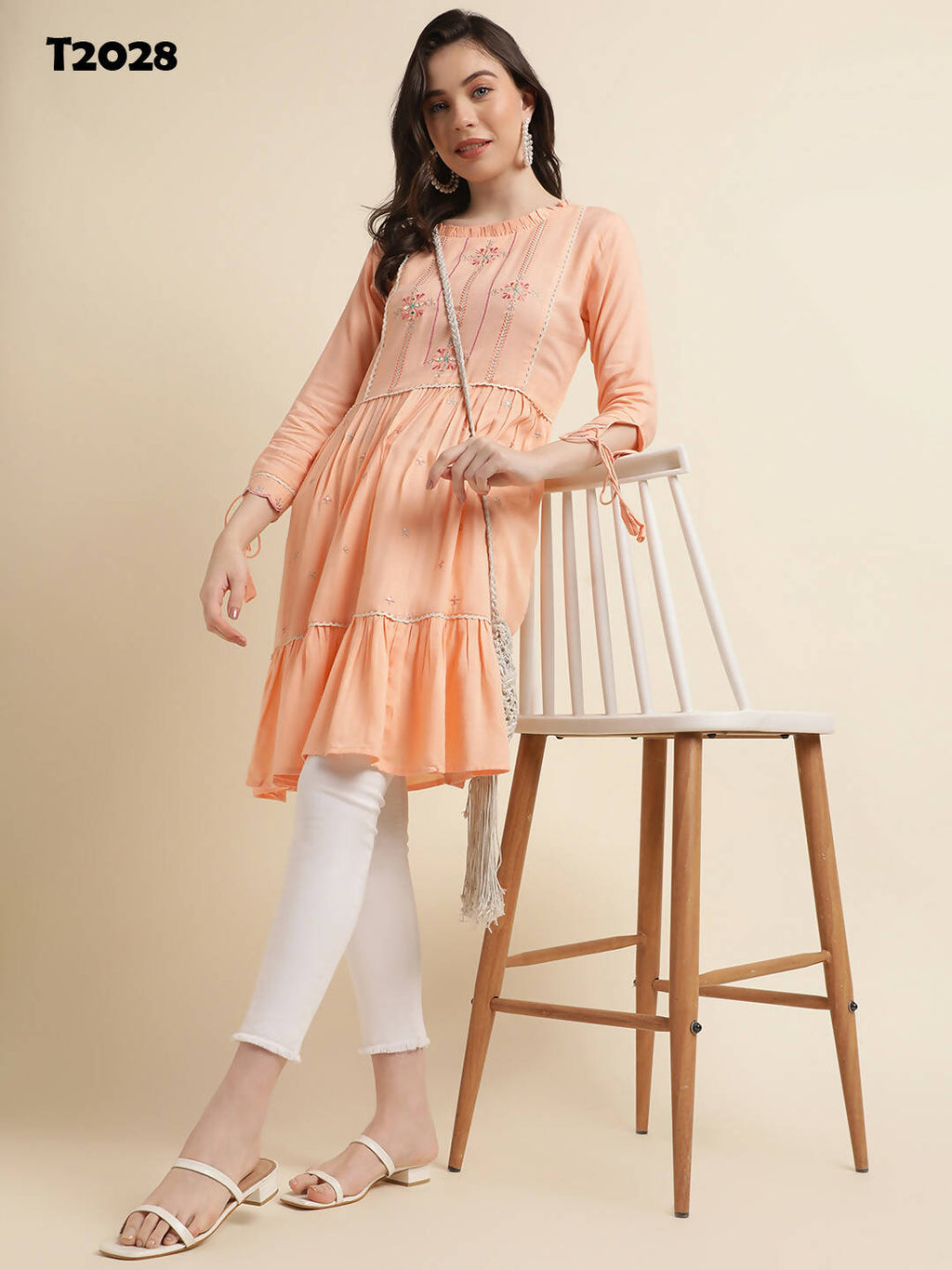 Peach Poly Cotton Yoke Embroidered A-line Top - Tarini | Grocsy