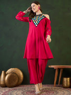 Sangria Embroidered Kurta, Palazzo With Bag Kurta Set | Grocsy