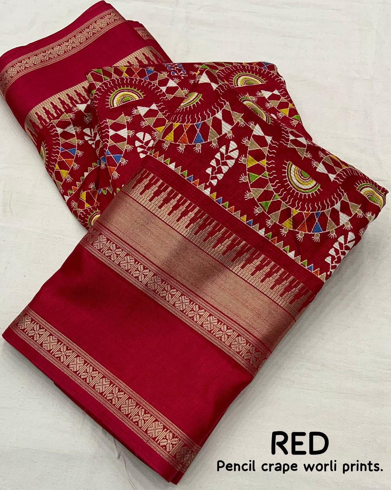 Red Cotton Crepe Zari Woven Saree with Unstitched Blouse - Hiral Fashion | Grocsy