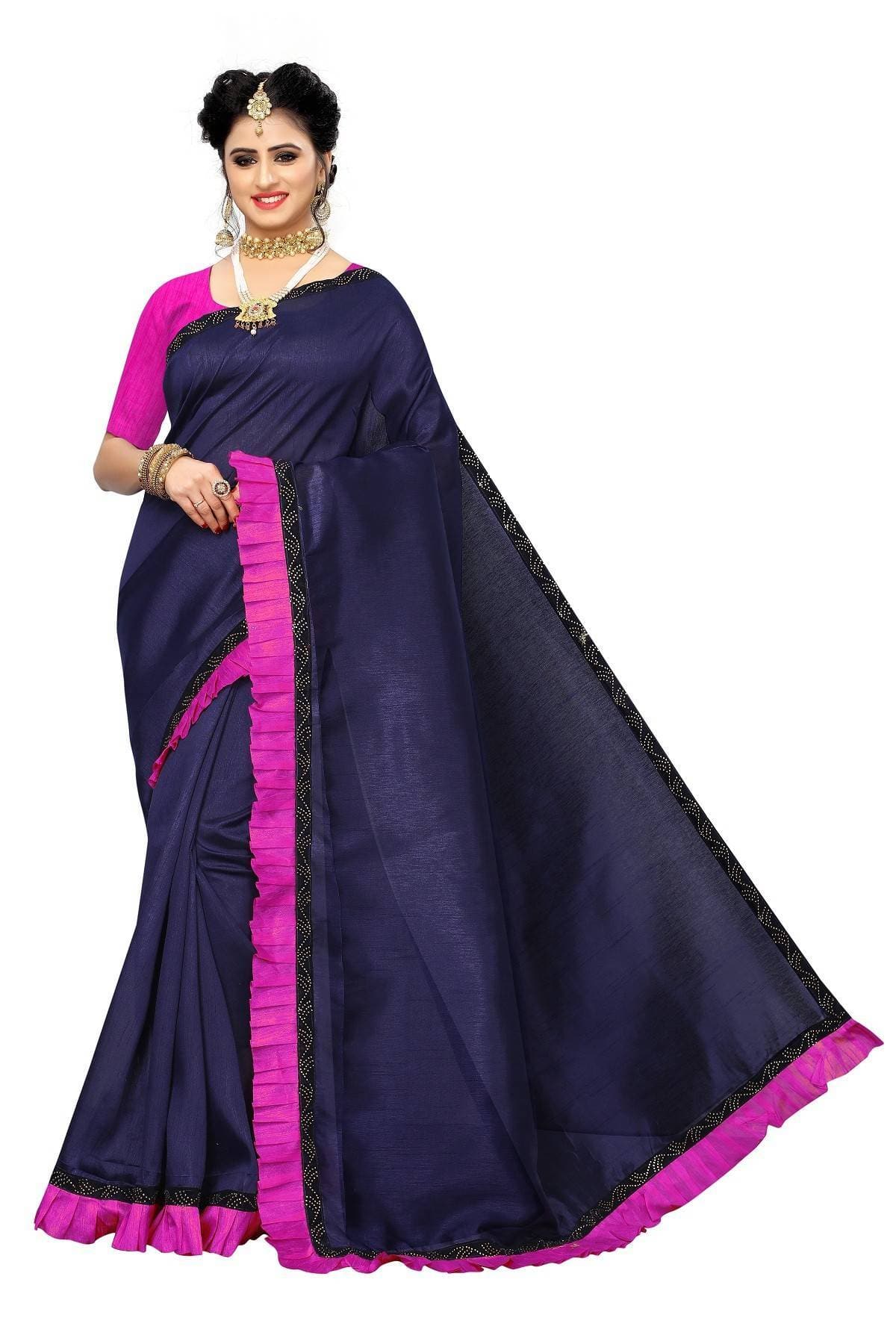 Vamika Navy Zoya Silk Stone Work with Frill Saree | Grocsy