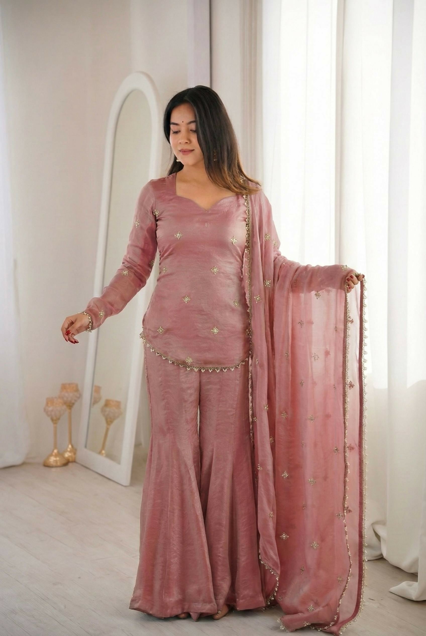 Teeya Creation New Womens Trendy Embroidery Sequence Work Pink Kurta Set | Grocsy