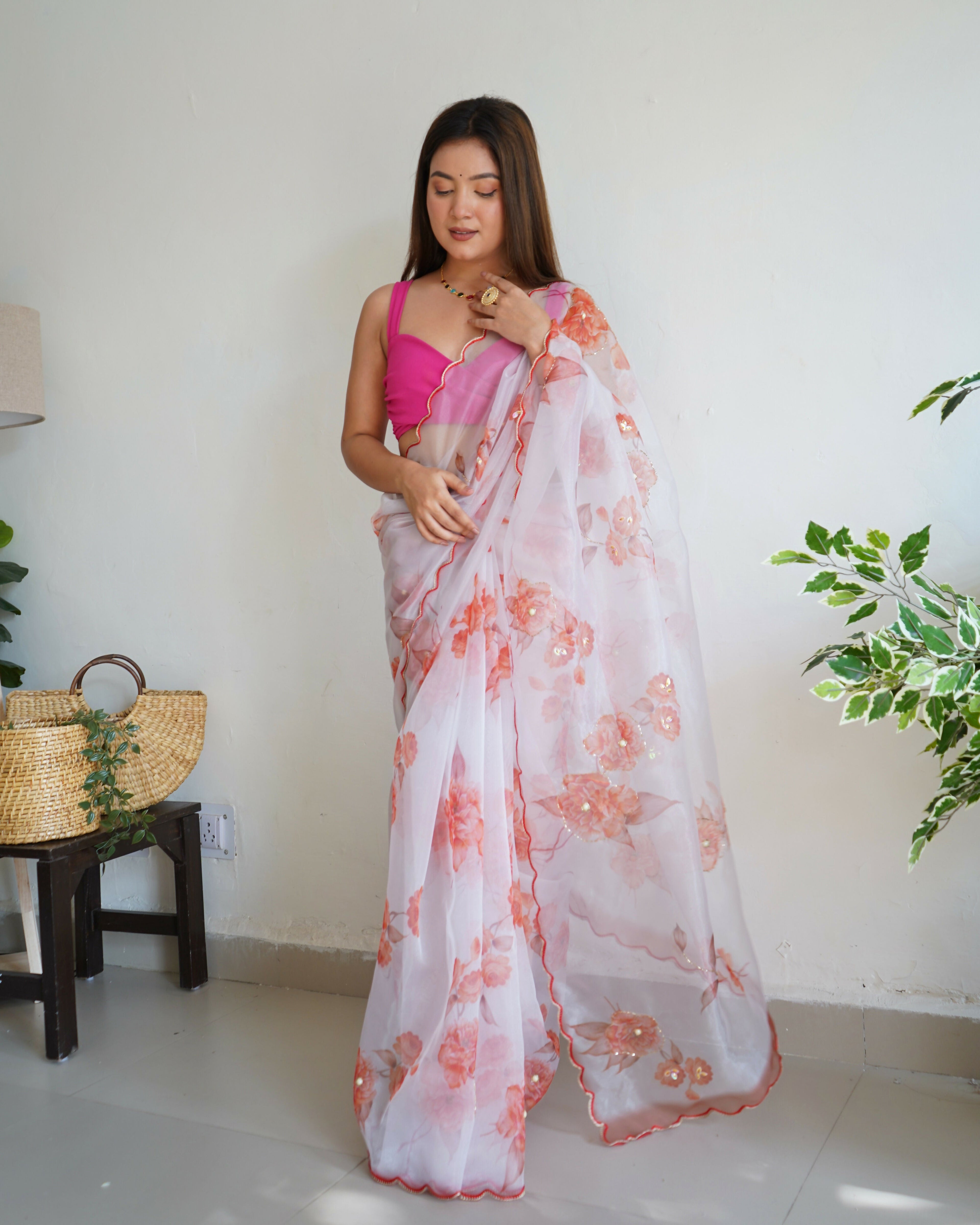 Vamsee Ramya White Organza Saree | Grocsy