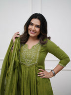 The52 Women's Beautiful Cotton Fabric Embroidery Work Straight Kurta Pant and Dupatta Set | Grocsy