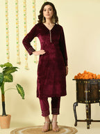 Myshka Women's Magenta Velvet Kurta With Trousers Party Sets | Grocsy