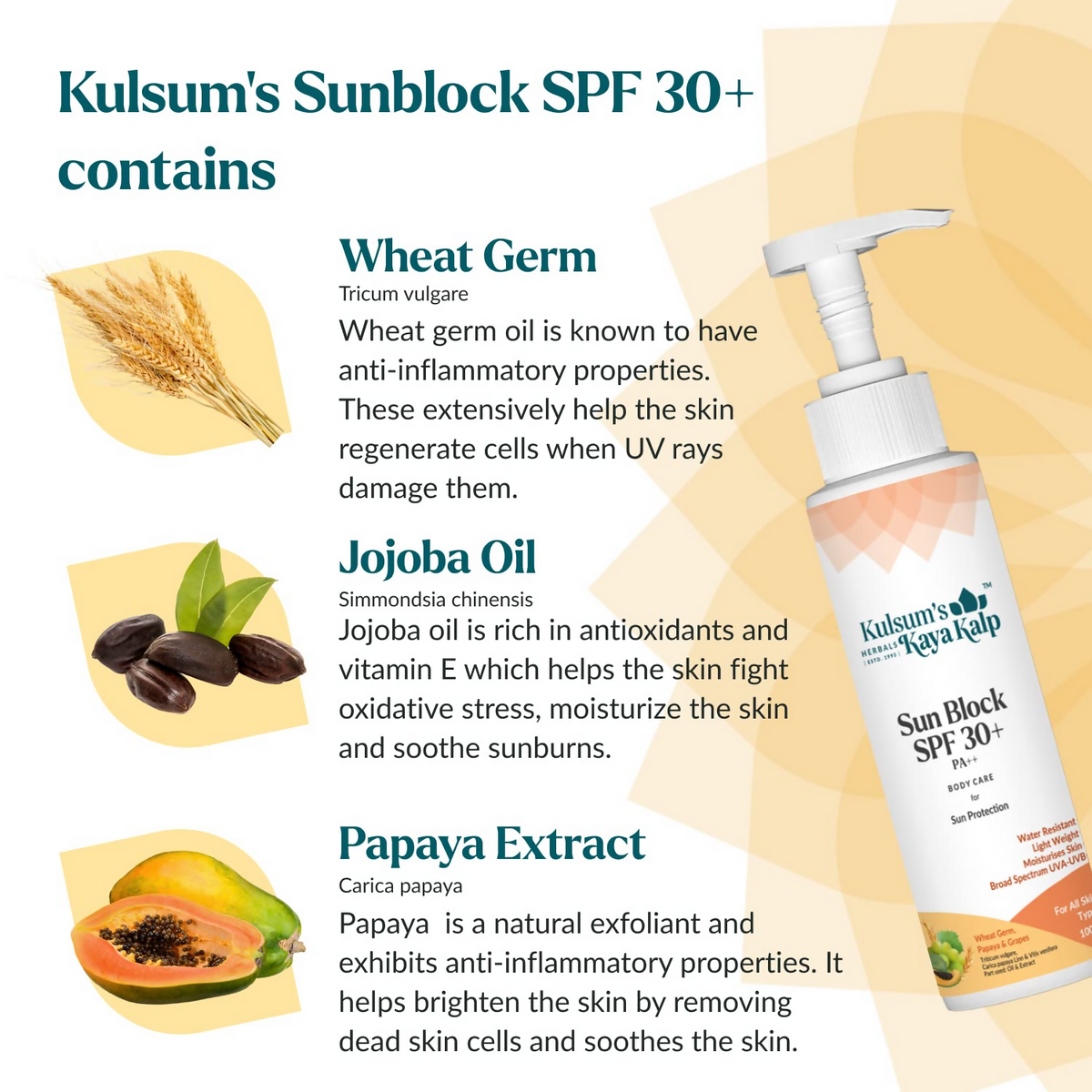 Kulsum's Kaya Kalp Sun Block SPF 30+ For Sun Protection & Moisturizing, Suitable For All Skin Types | Grocsy