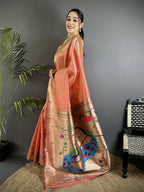 Joban Fashion Light Orange Peacock & Floral Motifs Tissue Paithani Saree | Grocsy