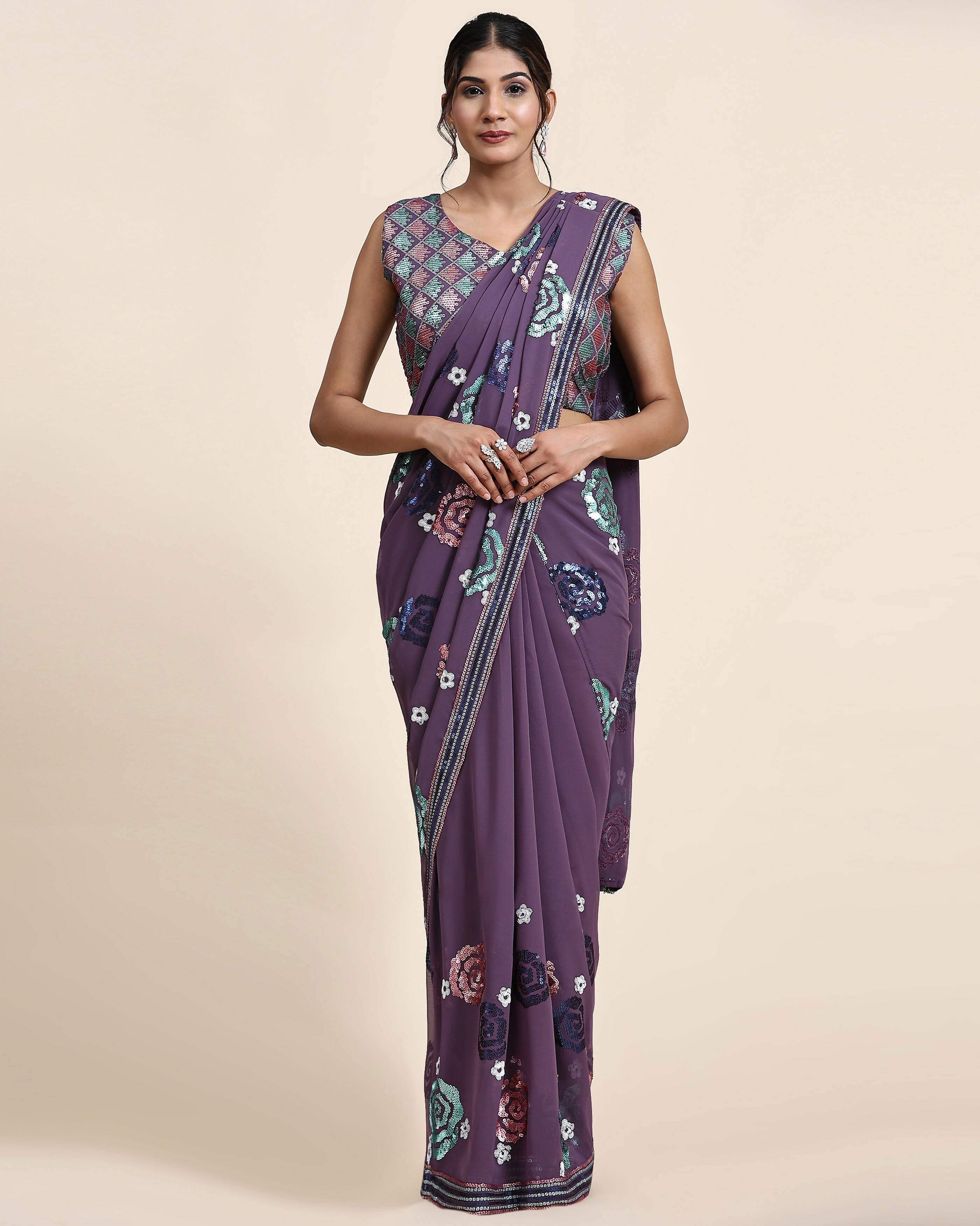 Purple Pure Georgette Sequence work Ready to wear Saree with stitched Blouse - Nirvana | Grocsy
