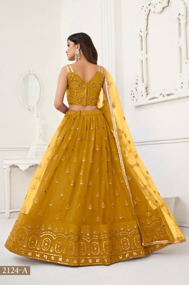 Aastha Fashion Mustard Yellow Butterfly Net Tone To Tone Thread Work And Sandwich Sequence Work Embroidery Wedding Wear Lehenga Choli | Grocsy