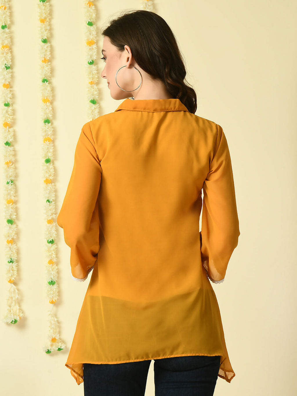 Myshka Women's Mustard Embroidered Party Fusion Top | Grocsy
