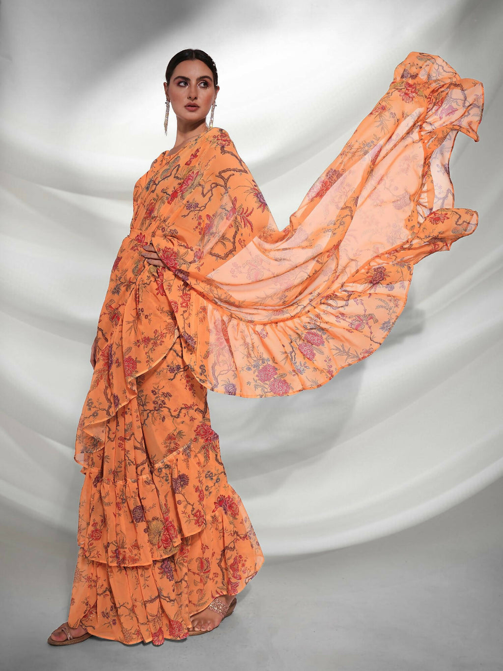 Orange Georgette Floral Printed Saree With Unstitched Blouse Piece - Rajal | Grocsy