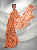 Orange Georgette Floral Printed Saree With Unstitched Blouse Piece - Rajal | Grocsy