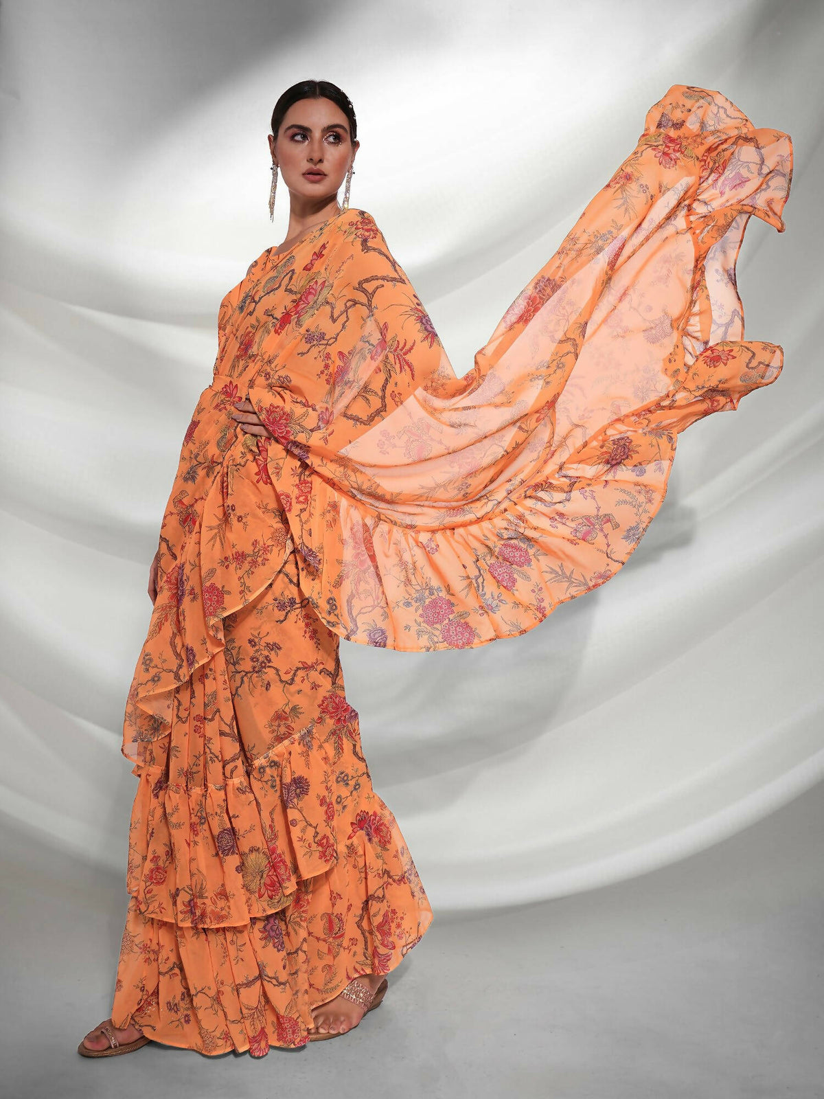 Orange Georgette Floral Printed Saree With Unstitched Blouse Piece - Rajal | Grocsy