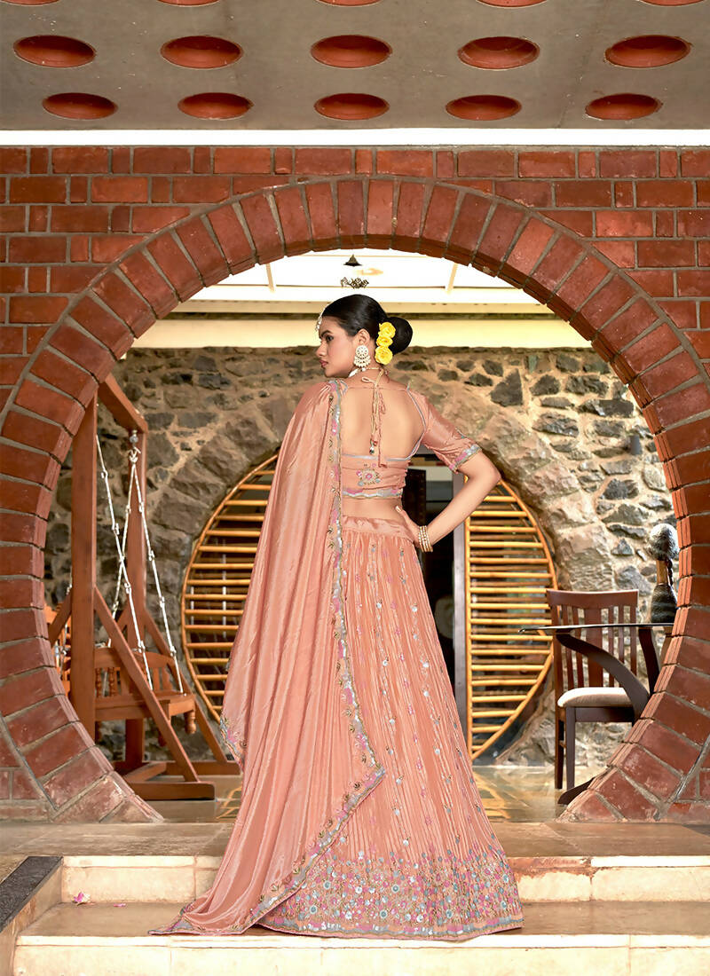 Peach Chinon Crushed Sequence and Thread Embroidery Work Lehenga Choli with Dupatta - Viharini | Grocsy