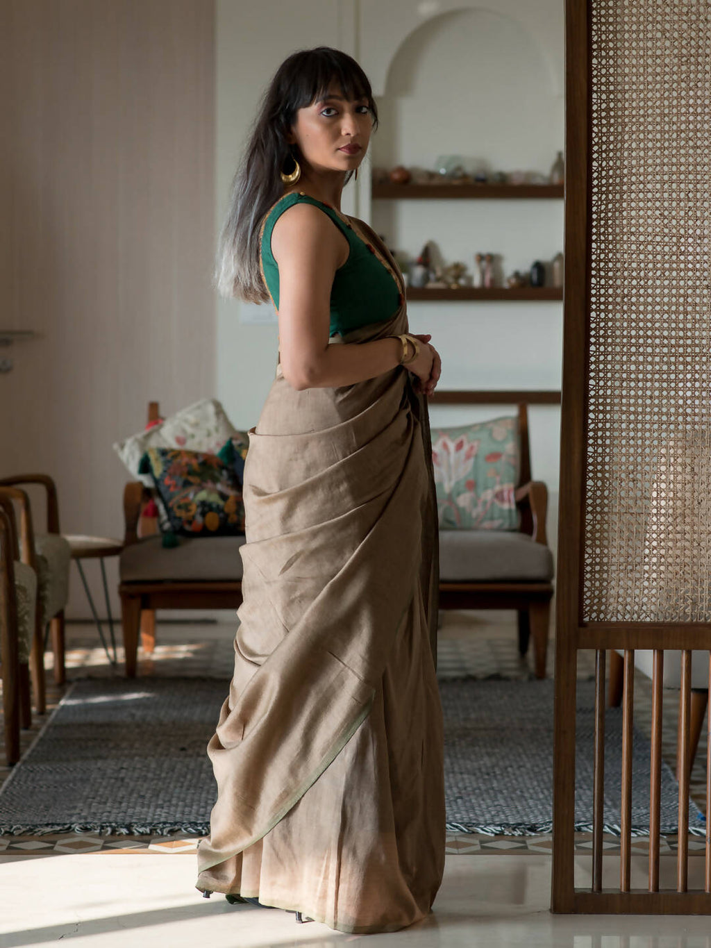 Suta Taupe Solid Cotton Blend Saree | Grocsy