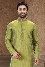Raivat Ethnic Jacquard Art Silk Mirror and Thread Work Kurta Pajama In Green Colour | Grocsy