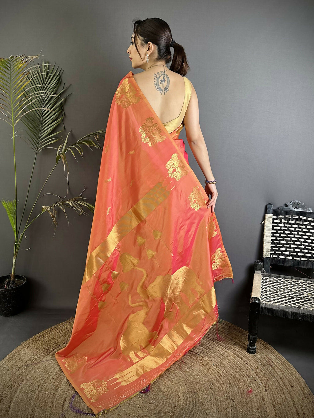 Joban Fashion Orange Motifs Zari Weaving Soft Silk Banarasi Saree | Grocsy