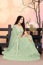 Jyoti Fashion Sea Green Two Tier Crush Georgette Lehenga Choli with Dupatta | Grocsy