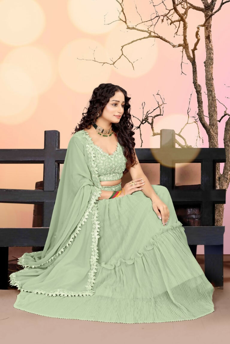 Jyoti Fashion Sea Green Two Tier Crush Georgette Lehenga Choli with Dupatta | Grocsy