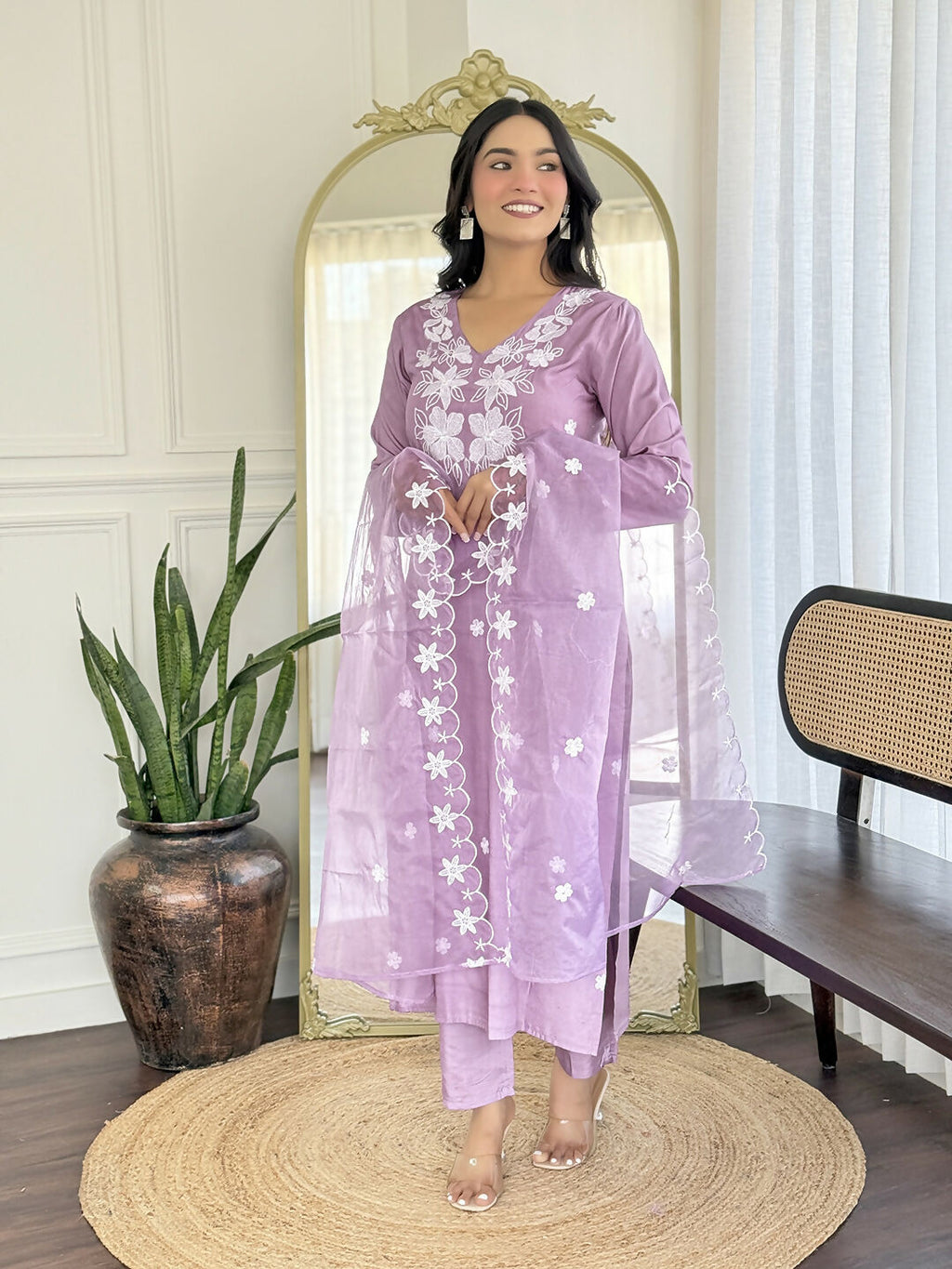 The52 Women Beautiful Thread work Rayon Fabric with Straight Kurta, Pant and Dupatta Set | Grocsy