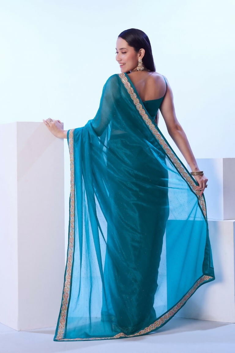 Firozi C/H Net Solid Designer & Lace Work Saree - Samaa | Grocsy