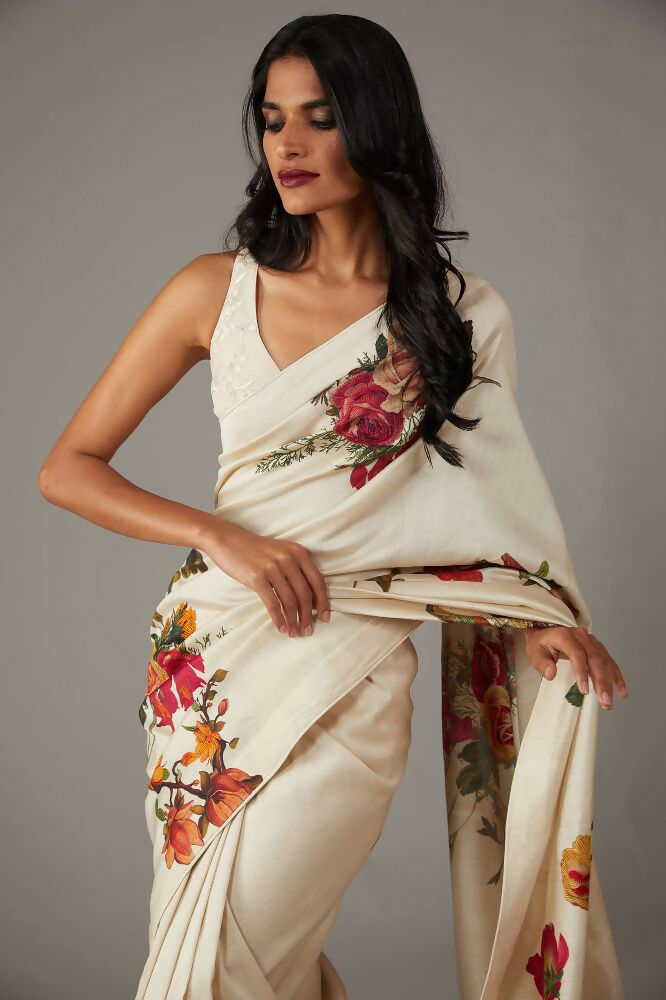 Off White Bright Moss Designer Digital Printed Party Wear Saree - Be Verly | Grocsy