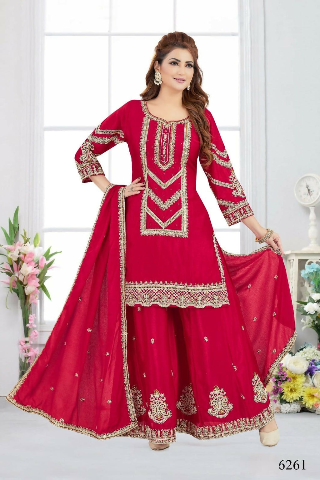 Joban Fashion Chinon Silk Red Color Kurta Set | Grocsy