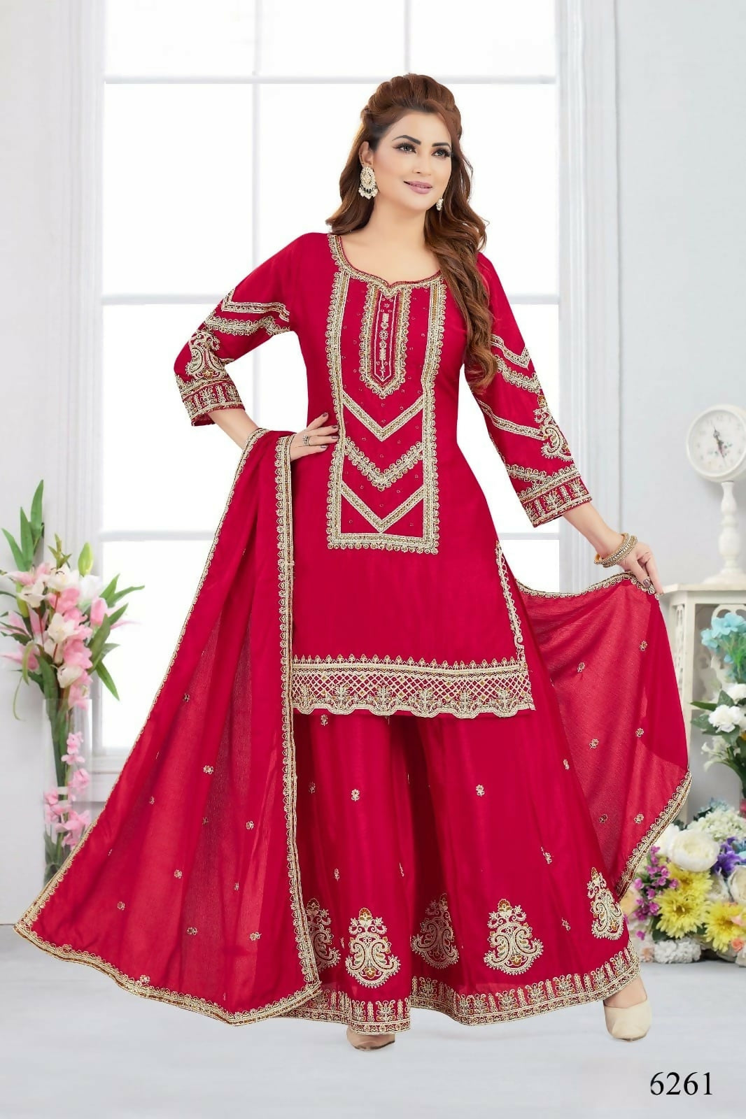 Joban Fashion Chinon Silk Red Color Kurta Set | Grocsy