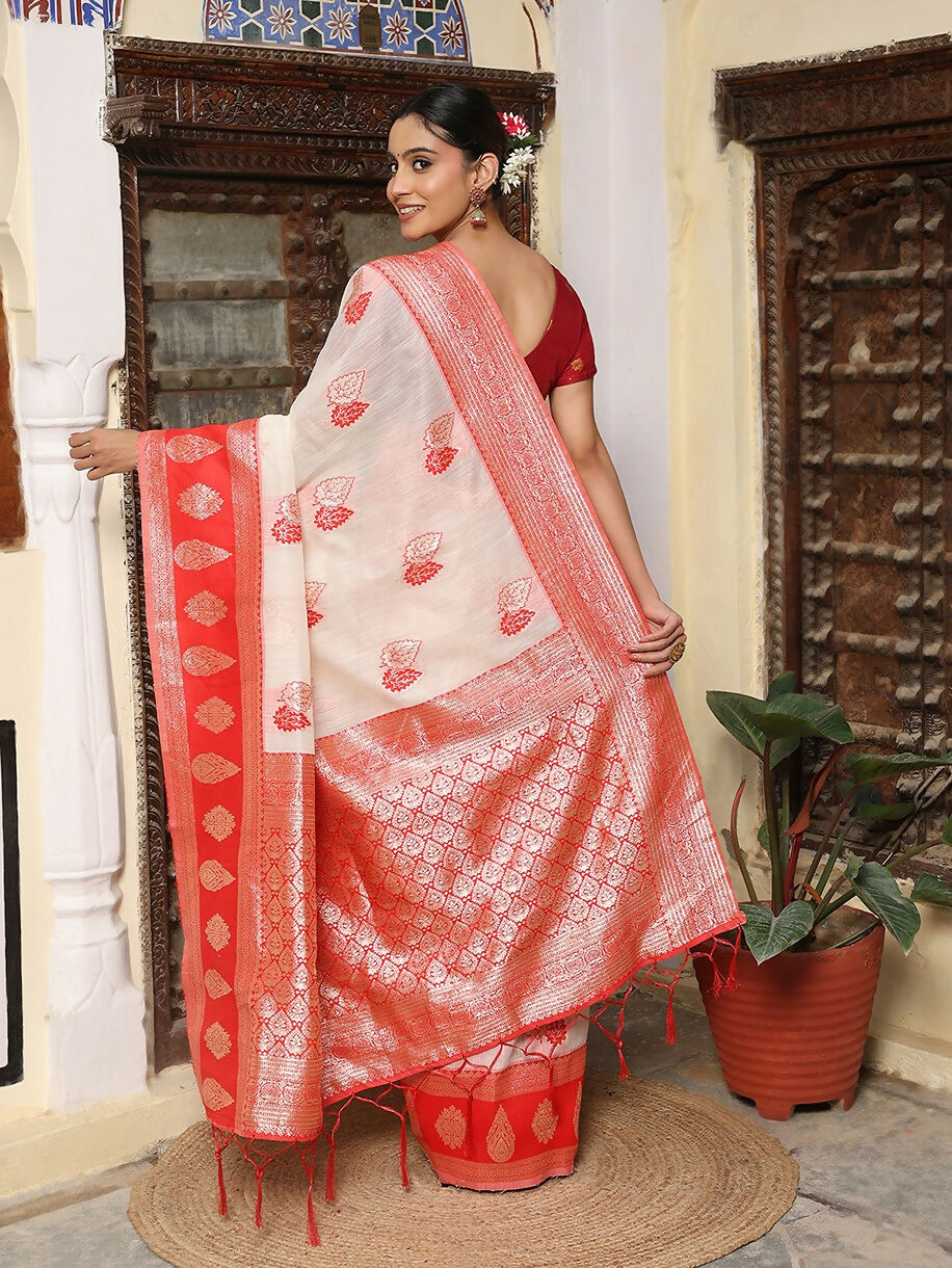Shree Shyam Fashion White & Red Linen Cotton Saree | Grocsy
