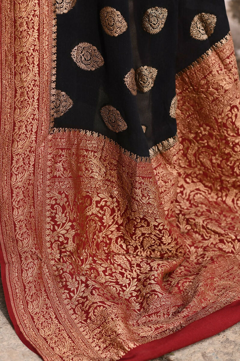 Joban Fashion Black Crepe Chiffon Pure Handloom Banarasi Silk Saree | Grocsy