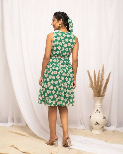 FIORRA Women's Green Georgette Floral Printed Western Dress | Grocsy