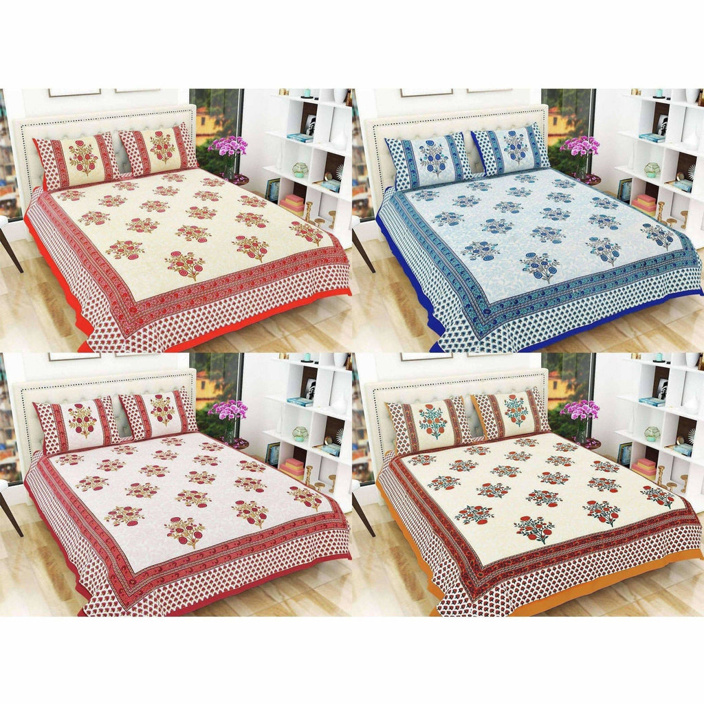 Floral Print Queen Size 90x108 Inches Jaipuri Flat Bed Sheet Bedspread with 2 Pillowcases | Grocsy