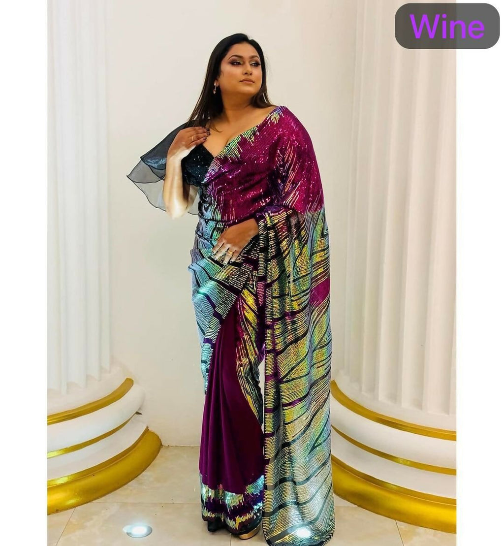Arfa Fashion House Wine Georgette Sequince Saree | Grocsy
