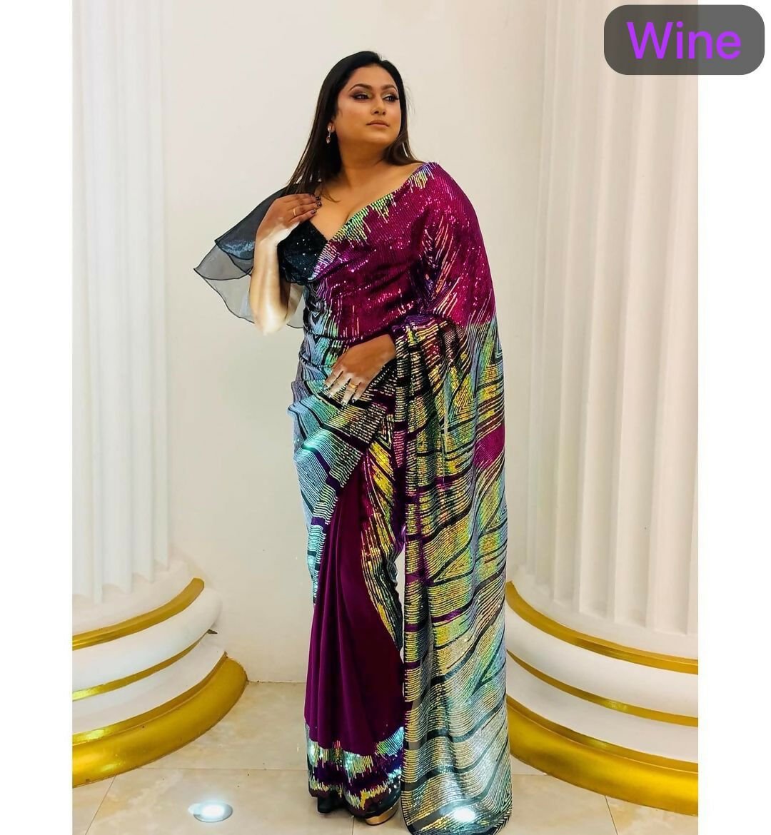 Arfa Fashion House Wine Georgette Sequince Saree | Grocsy