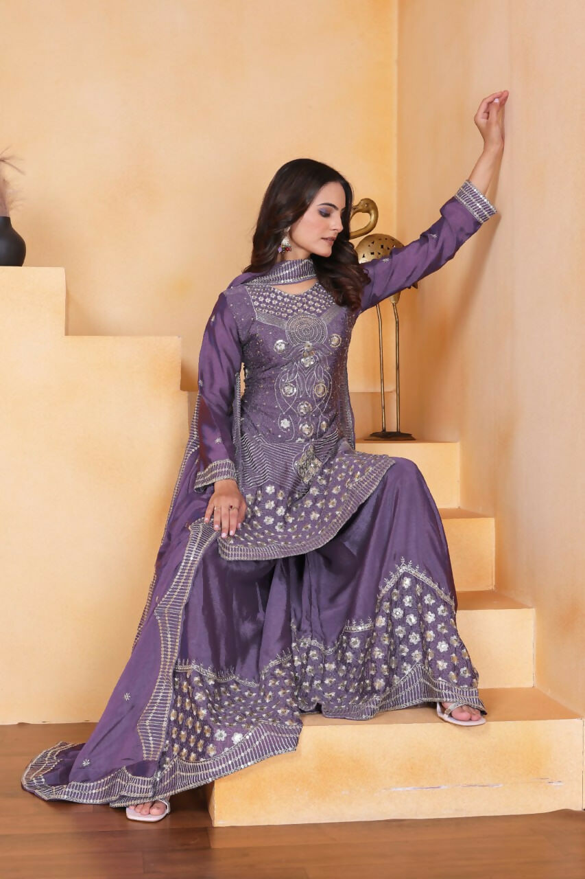 Joban Fashion Purple Silk Embroidered Sharara Set | Grocsy