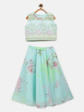 Ahalyaa Aqua Blue Organza Printed Lehenga Choli For Kids For Girls | Grocsy