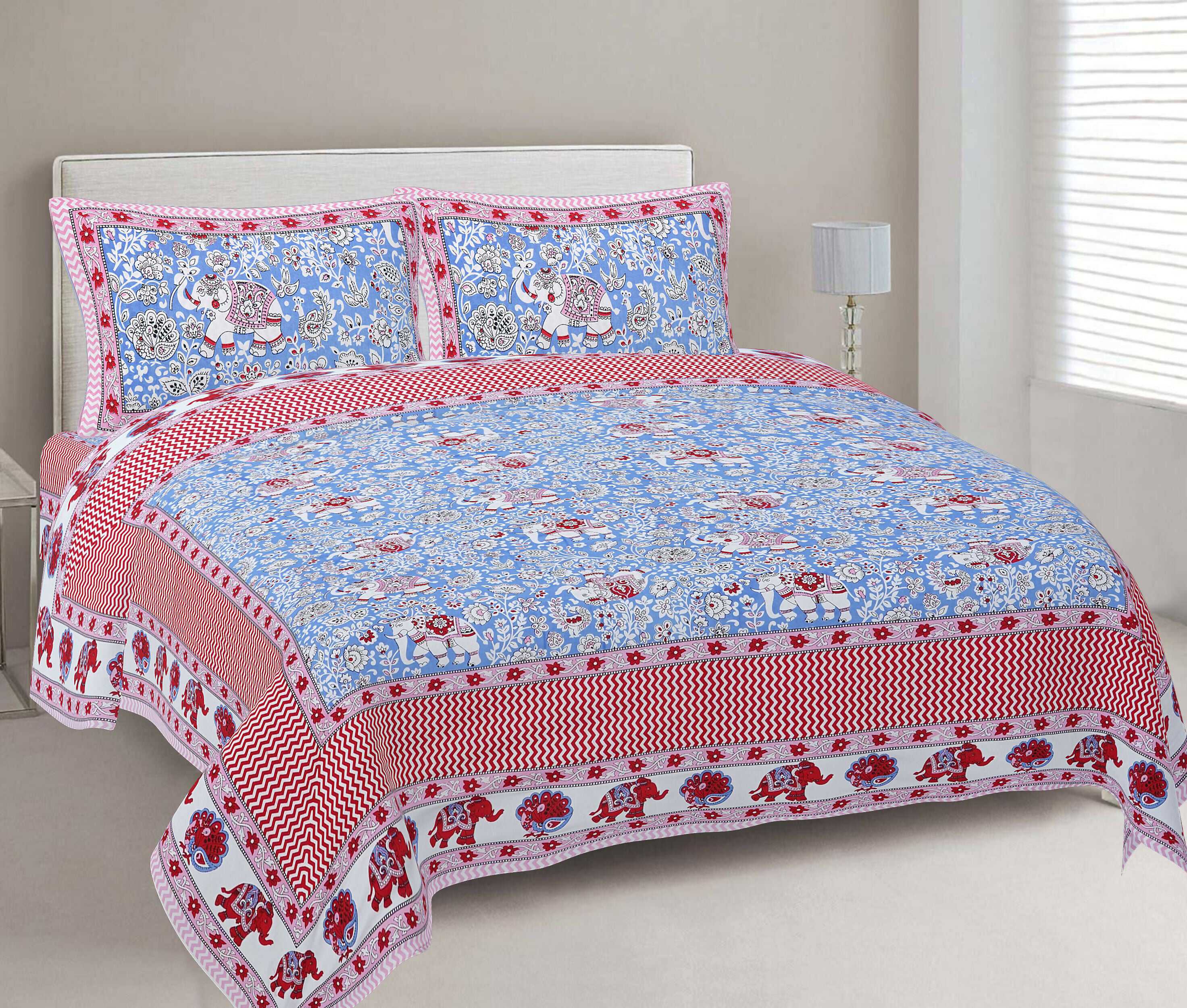 Rudra Bazaar Red Blue 210 TC Cotton Double King Bedsheet With 2 Pillow Covers | Grocsy
