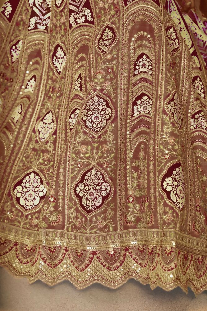 Kesar Fab Coffee Banarasi Silk Embroidered Lehenga | Grocsy
